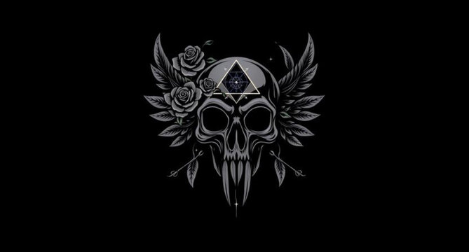Gothic tattoo illustration of a tribal skull with wings, a crown, and a demon lion face