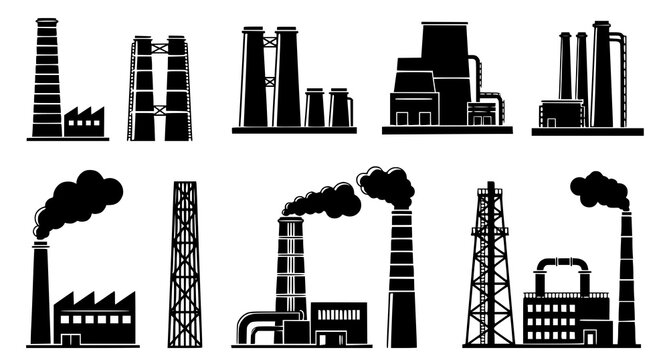 Industrial factory and manufacturing plant silhouettes with smoke stacks and chimneys for power generation and industrial process visualization icons