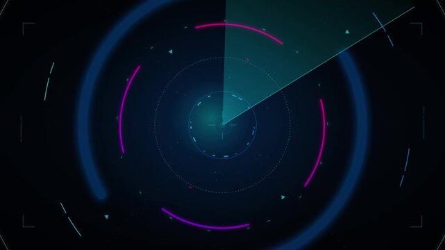 Dark abstract background with a glowing blue and pink circular radar interface