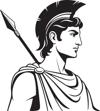 Vector illustrations of Telemachus from Greek mythology and the Odyssey in black and white drawing styles Profile portrait of an ancient Greek hero wearing a helmet holding a spear for history artwork