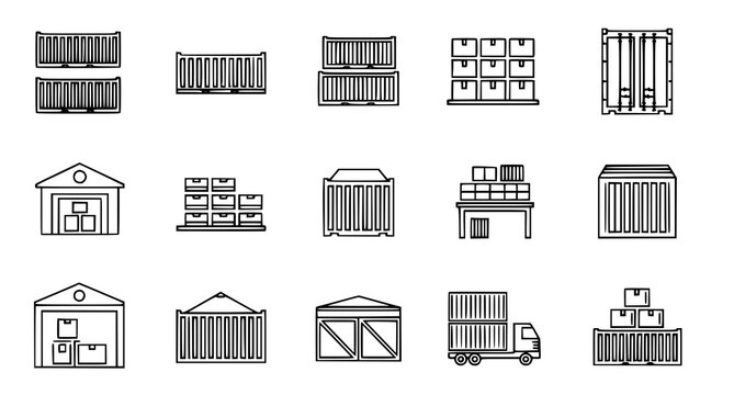 Industrial shipping container and warehouse storage icons for logistics and freight transportation graphic design and supply chain management