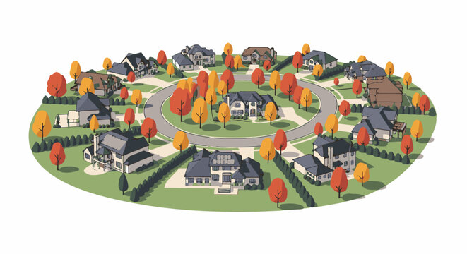Aerial view of a suburban cul-de-sac neighborhood with autumn trees