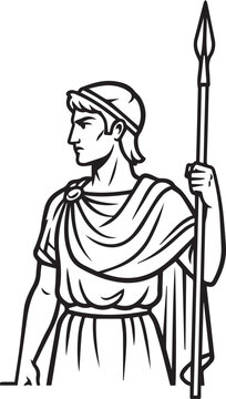 Vector illustrations of Telemachus from Greek mythology and the Odyssey in black and white drawing styles Standing portrait of an ancient Greek hero holding a spear ready for an epic classical journey