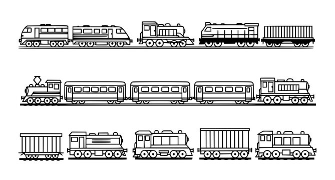 Set of simple line art train and carriage icons for railway transportation and logistics design isolated on white background