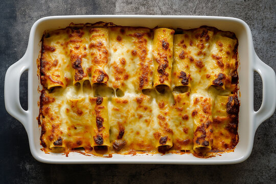 Overhead flat lay of traditional Andorran Canelons baked pasta tubes covered with rich melted cheese sauce in a white rectangular dish, generative AI
