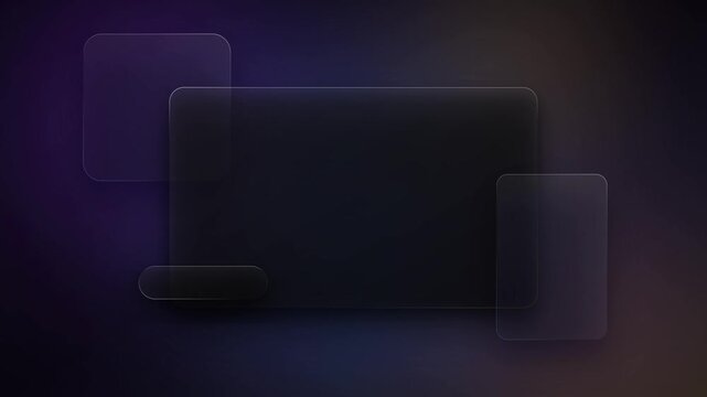 Dark background with overlapping frosted glass rectangles and rounded shapes abstract