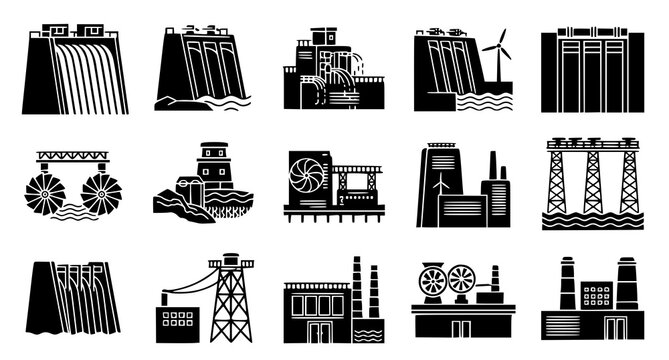 Black and white hydroelectric power plant icons depicting dam structures turbines energy production and electrical infrastructure for utility designs