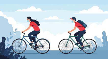Fototapeta premium Man and woman ride their bicycles through a scenic landscape while wearing protective face masks to stay active safely during a pandemic.