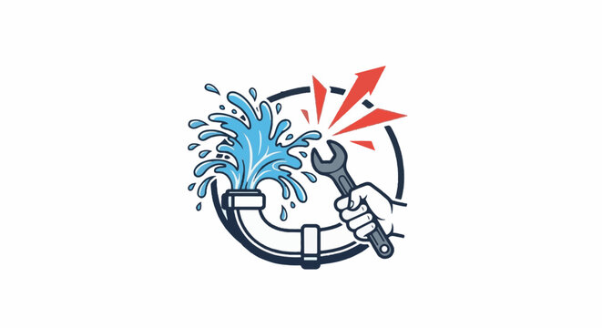 Cartoon of a leaking pipe being fixed with a wrench and water splashes