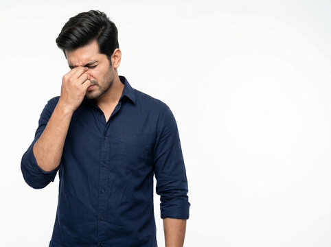 Indian man experiencing allergy related sinus pressure representing respiratory care medical treatment and wellness awareness concept