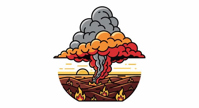 Cartoon wildfire scene with flames, smoke, and a sunset