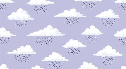 Fototapeta premium Seamless weather pattern of white fluffy clouds with falling rain drops on a light lavender or purple background for themes.