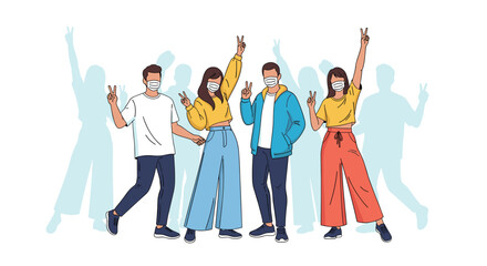 Obraz premium Group of young diverse friends wearing protective face masks and showing peace signs during a global pandemic.