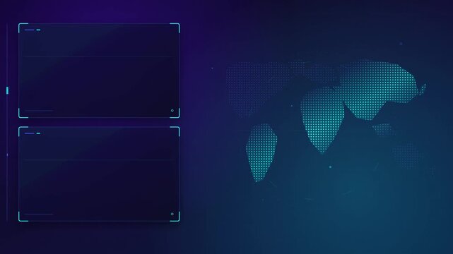 Dark blue digital background with map and clean data panels for technology concepts