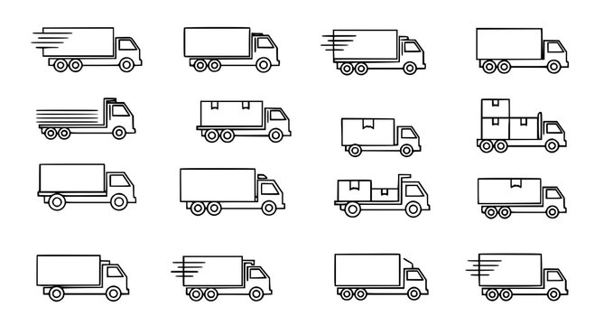 Set of delivery truck line art icons depicting various shipping vehicles and cargo transport concepts for modern logistics business design