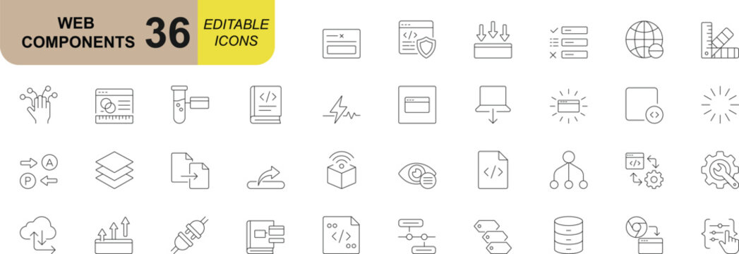 Web components editable icon set. Featuring interface elements, coding tools, dashboard controls and digital development symbols. Vector illustration.