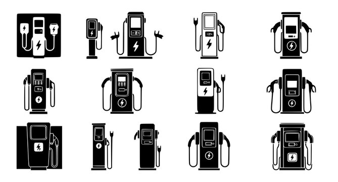 Detailed series of electric vehicle fast charging station icons for smart city infrastructure and sustainable transport design systems
