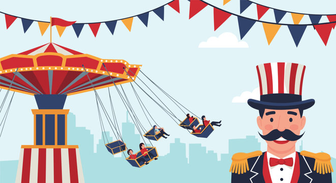 Funfair scene with a carousel swing ride and a smiling circus ringmaster in front of a blue city skyline background.