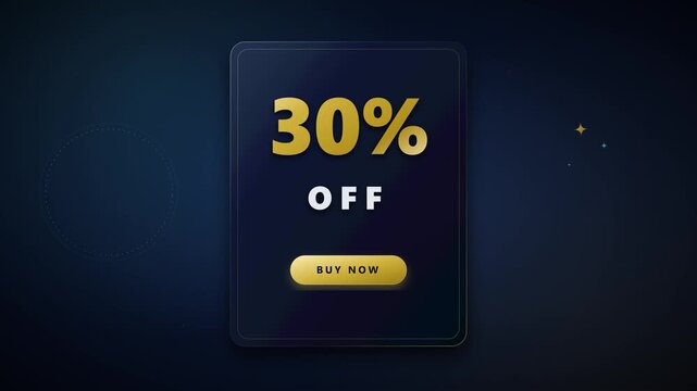 Dark modern sale display with 30 percent off and golden buy now button on a gradient background