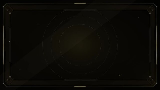 Dark futuristic rectangular frame with golden accents and subtle concentric circles