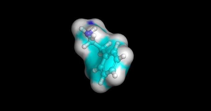 Phenylethylamine, neuromodulator/mood enhancer in chocolate, 3D molecule spinning, 4K