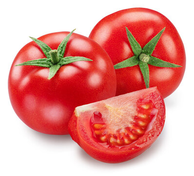 Ripe red tomatoes with a sliced piece isolated on a white background with clipping path.
