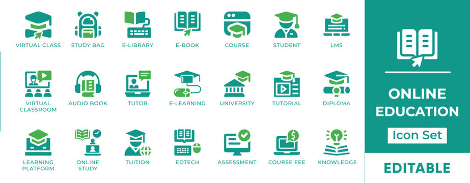 Online Education E Learning Virtual Class Edtech Tutorial Course Fee Diploma Vector Icon Set