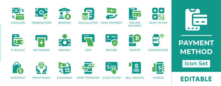 Payment Method Digital Wallet Contactless Mobile Banking Cryptocurrency Wire Transfer Vector Icon Set