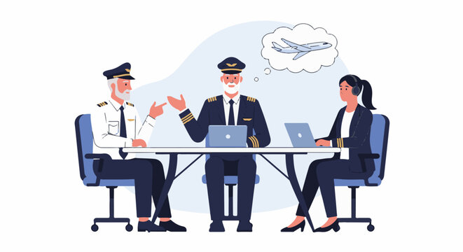 Pilots in uniform discuss flight plans, with a plane visualized in a thought bubble