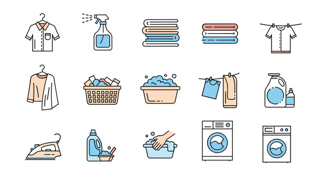 Extensive set of laundry icons featuring washing machines, detergents, clean clothes, ironing, and drying racks for professional designs.