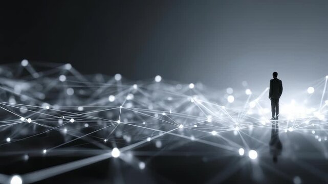 A solitary business figure stands on a futuristic digital network, surrounded by glowing connections and abstract data points. The scene evokes innovation, technology, and digital transformation