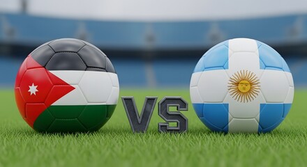 Fototapeta premium Jordan versus Argentina soccer balls on grass with stadium background