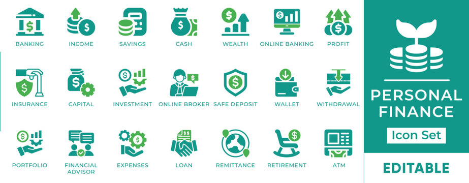 Personal Finance Banking Investment Retirement Wealth Management Savings Budget Vector Icon Set