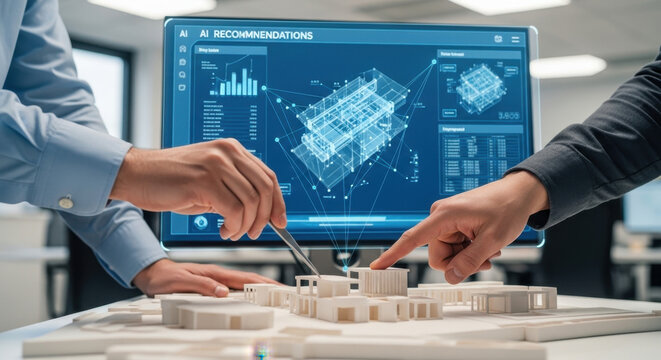 Architects designing building model and blueprint on computer