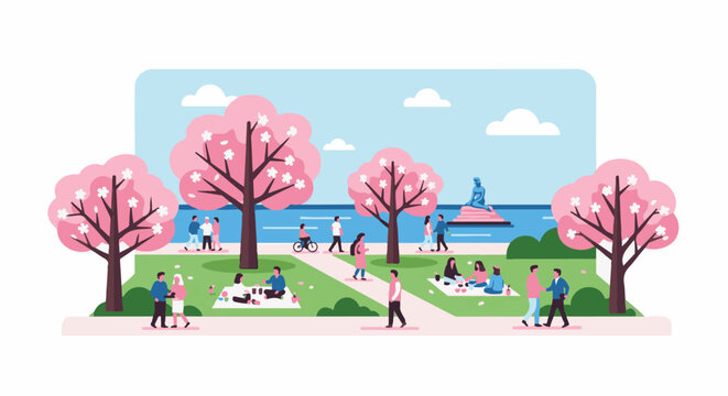 People enjoying a sunny day in a park with blooming cherry trees and a seaside statue