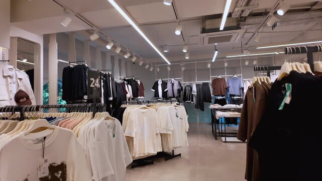 Wide variety of stylish casual wear and modern fashion hanging on racks and shelves inside a bright, contemporary retail clothing boutique with no people, ready for customers to shop