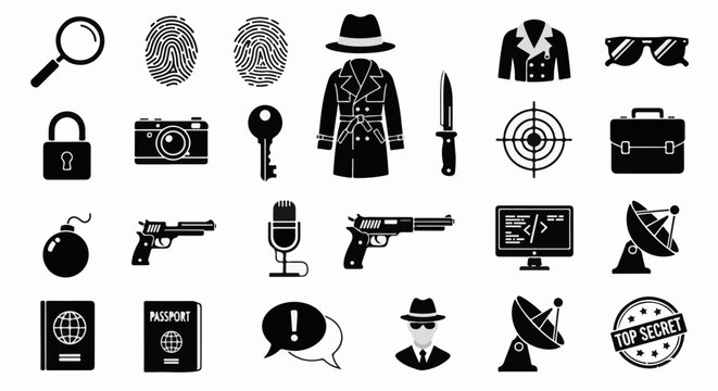 Collection of spy and secret agent icons including gadgets, weapons, and surveillance