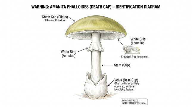 mushroom fungi poisonous toxic green white gills stem ring volva bas cup lamellae pileus annulus stipe mushroom identification fungal features wild mushrooms mushroom parts