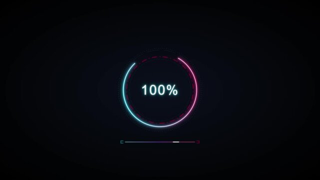 Finalized 100 percent circular loading animation with neon pink and blue glow progress