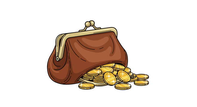 Brown coin purse overflowing with shiny gold coins