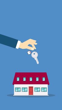 Hand holding key over the house. House buying 4k video animation	