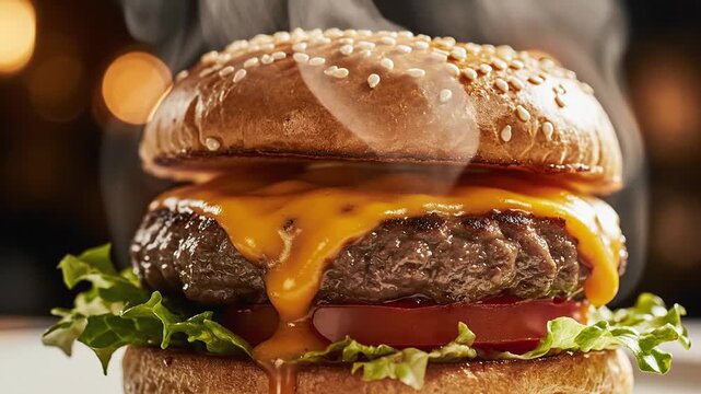 Juicy Beef Burger with Melted Cheese and Fresh Lettuce, Wisps of Smoke