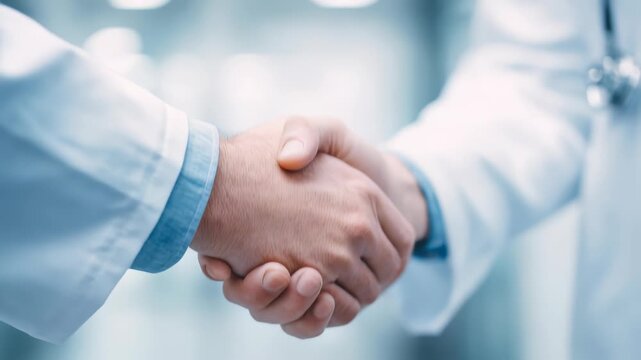 Two doctors in white lab coats shaking hands in a modern hospital setting, symbolizing partnership and trust. Professional medical collaboration and teamwork concept