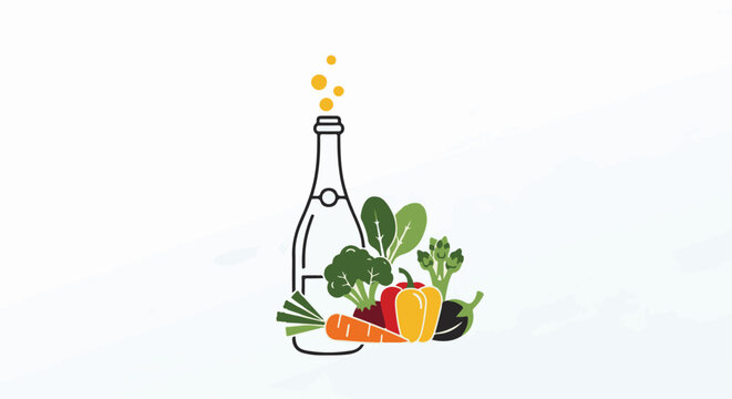 Stylized bottle with assorted fresh vegetables and yellow bubbles