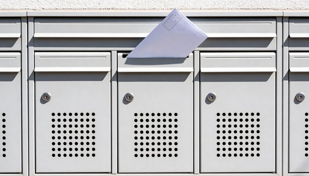 Protruding white envelope casting sharp shadow on mailboxes at entry, with keyed locks and vents