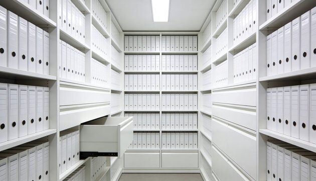 Storing white ring-binder box files, modular shelves filling archive, pull-out drawer open