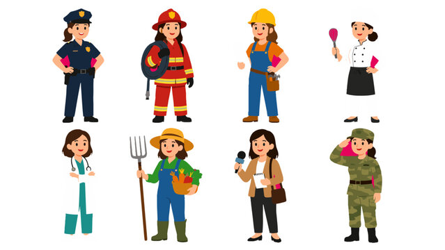 Set of women in different professions cartoon vector illustration