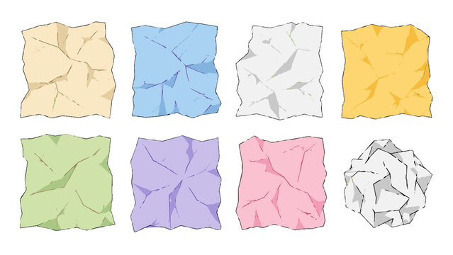 Set of crumpled paper sheets and paper ball in pastel colors