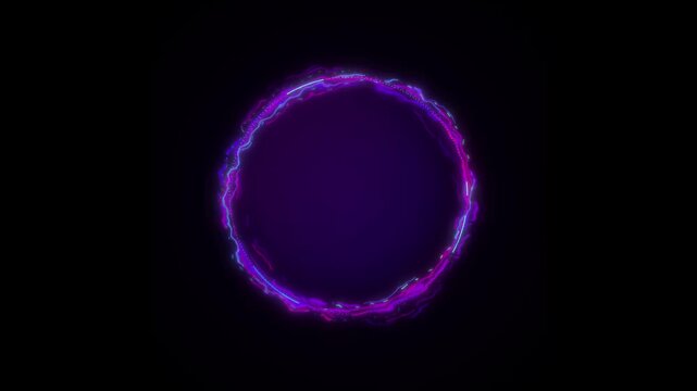 Glowing neon purple ring with electric energy on a black background abstract