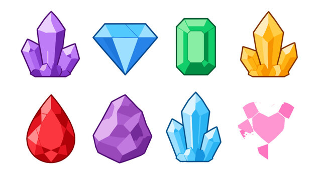 Colorful gemstone and crystal icon set on white background